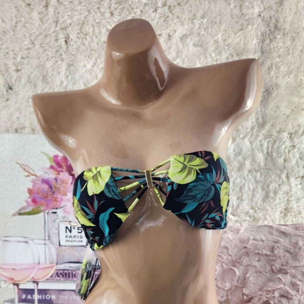 SMALL Victoria's Secret Black Leaves Print Strapless Bikini Top